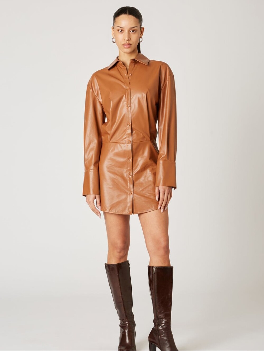 NIA Troy Whiskey Brown Vegan Leather Mini Shirt Dress Long Sleeve Large